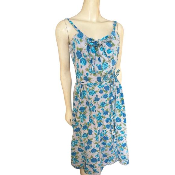 Vintage 1950s Blue Floral Party Day Summer Pinup Flowers Wrap Dress Small Medium - Picture 3 of 7